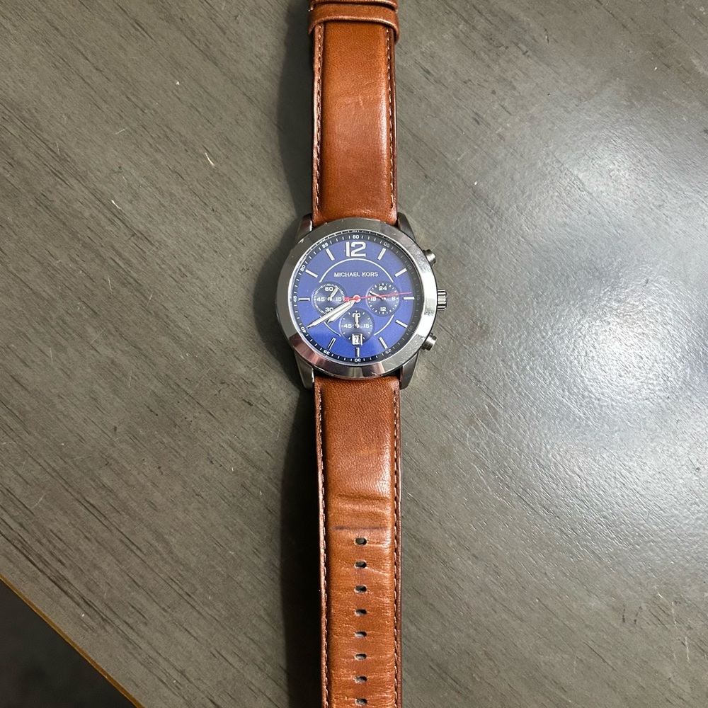 Michael Kors Silver Watch with Blue Face and Tan Leather Strap w/ Date